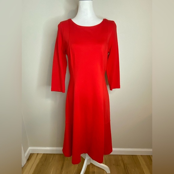 Land’s End Poppy Red Stretchy Boat Neck Quarter Sleeve Midi Dress Size Medium - Picture 2 of 9